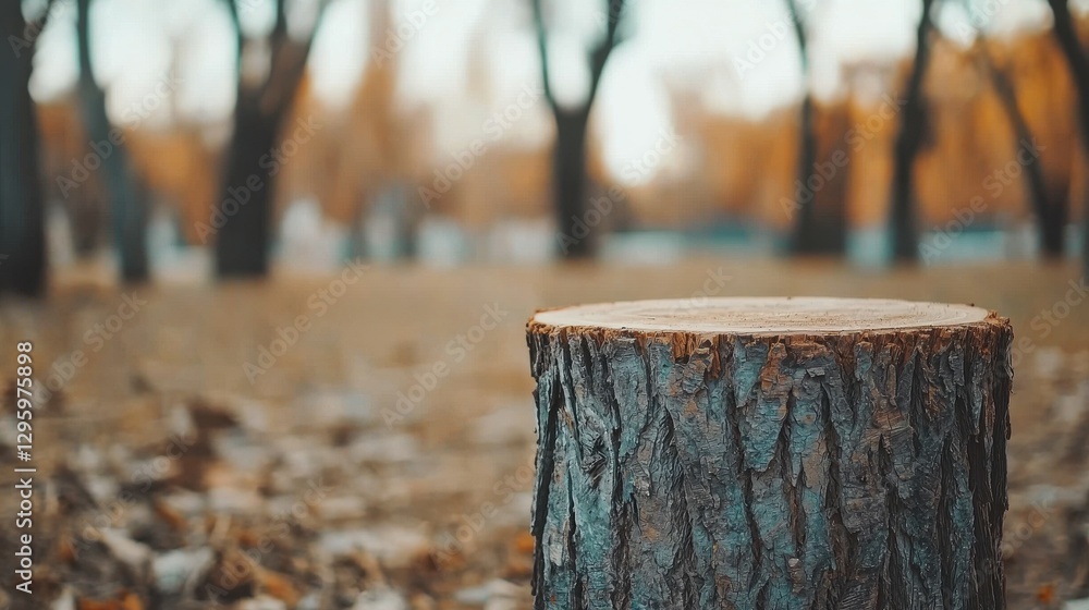 Fototapeta premium Wooden Tree Stump in Autumn Forest with Blurred Background Scene