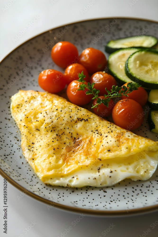Elegant omelette with eggs, zucchini, and cherry tomatoes, beautifully plated Elegant omelette with eggs, zucchini, and cherry tomatoes, beautifully plated