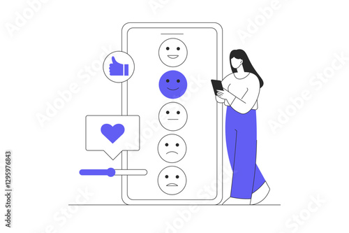 Customer feedback. Woman Character choosing smile with good emotion for client experience evaluation. Flat Cartoon Vector Illustration, icon. Stylish abstract Flat design for website