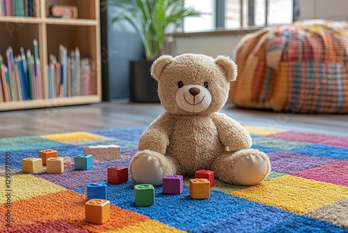 A children play area with toy blocks, crayons, and a teddy bear scattered on the floor, with a bright, colorful rug underneath.