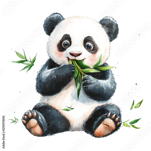 A cute panda bear sitting on its hind legs, eating bamboo leaves. Vector illustration with a watercolor effect, isolated on a white background.