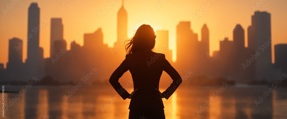 Fototapeta premium An image of business confidence and hope. A silhouette of a woman in a suit with her hands on her hips, gazing at the buildings in the city center.
