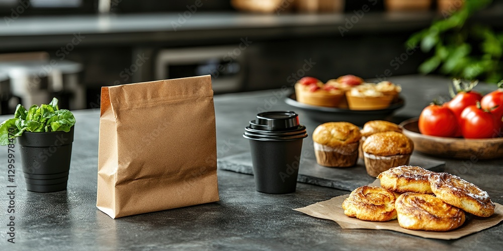 Naklejka premium Freshly baked pastries and coffee arranged on a kitchen countertop with a takeout bag and plants