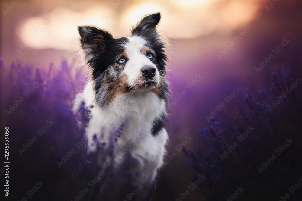 Border collie dogs in the lavender fields Border collie dogs in the lavender fields