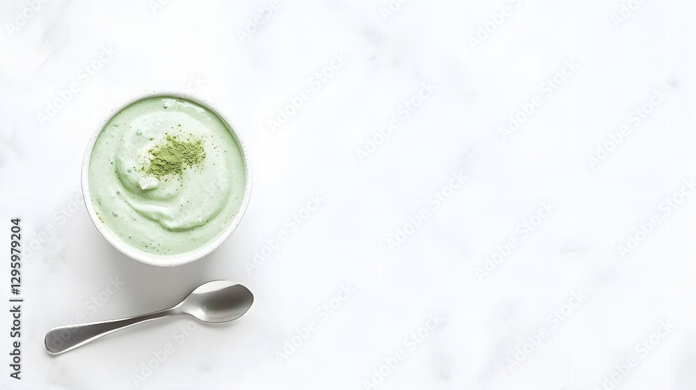 A minimalist flat-lay featuring a matcha tea jar with a small spoon resting beside it, lightly coated with green powder. The clean, white background creates a fresh and modern aesthetic. Soft A minimalist flat-lay featuring a matcha tea jar with a small spoon resting beside it, lightly coated with green powder. The clean, white background creates a fresh and modern aesthetic. Soft