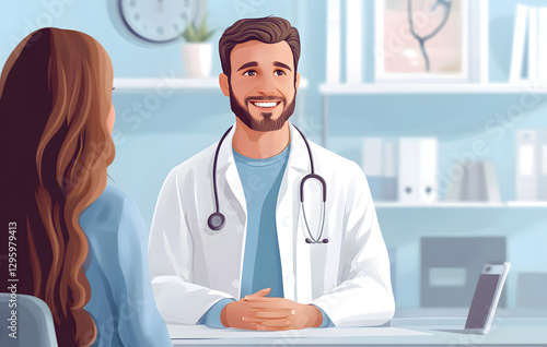 friendly doctor consulting with patient in modern medical office, health care concept