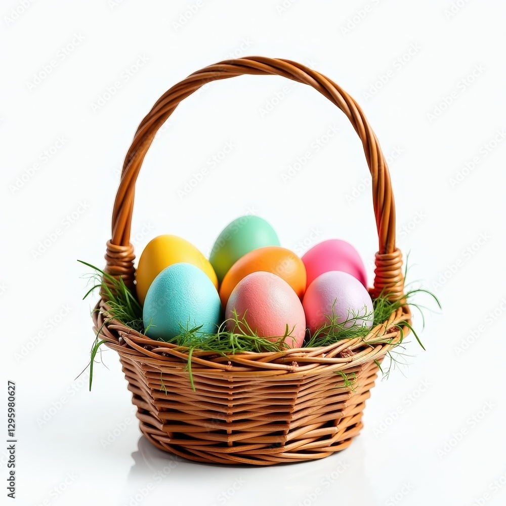 Eastern Day: Wicker Basket of Colorful Easter Eggs Against Lush Green Grass. A basket filled with colored eggs sitting on top of grass. Eastern Day: Wicker Basket of Colorful Easter Eggs Against Lush Green Grass. A basket filled with colored eggs sitting on top of grass.