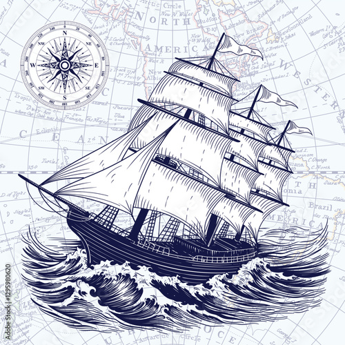 An old sailing ship on the sea waves against the background of an old map