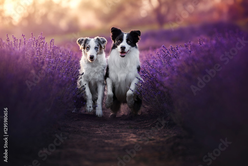 Border collie dogs in lavender fields