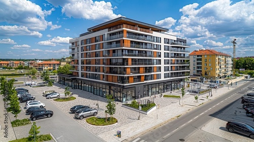 Modern apartment building with shops and parking lot