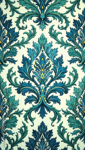 Intricate damask print with floral motifs in shades of blue and green, blue, design, aesthetics