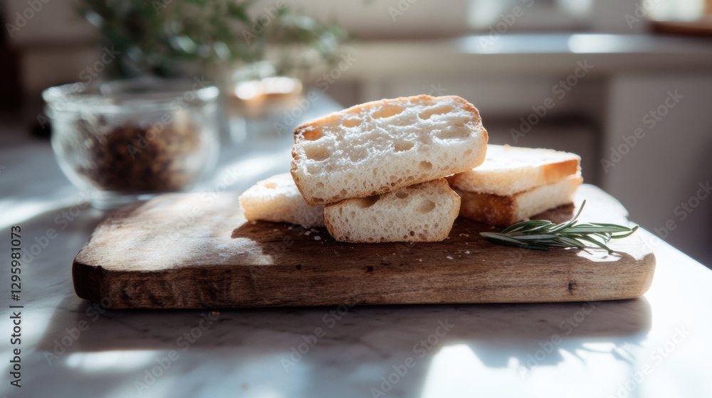 Thick cut sourdough flatbread infused with rosemary and sea salt served on a rustic cutting board during daylight hours Thick cut sourdough flatbread infused with rosemary and sea salt served on a rustic cutting board during daylight hours
