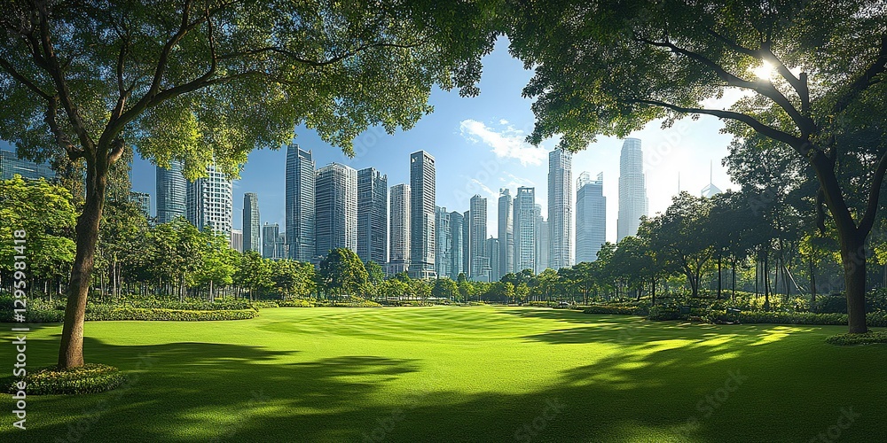Obraz premium Lush green park with a skyline of modern skyscrapers under a clear blue sky