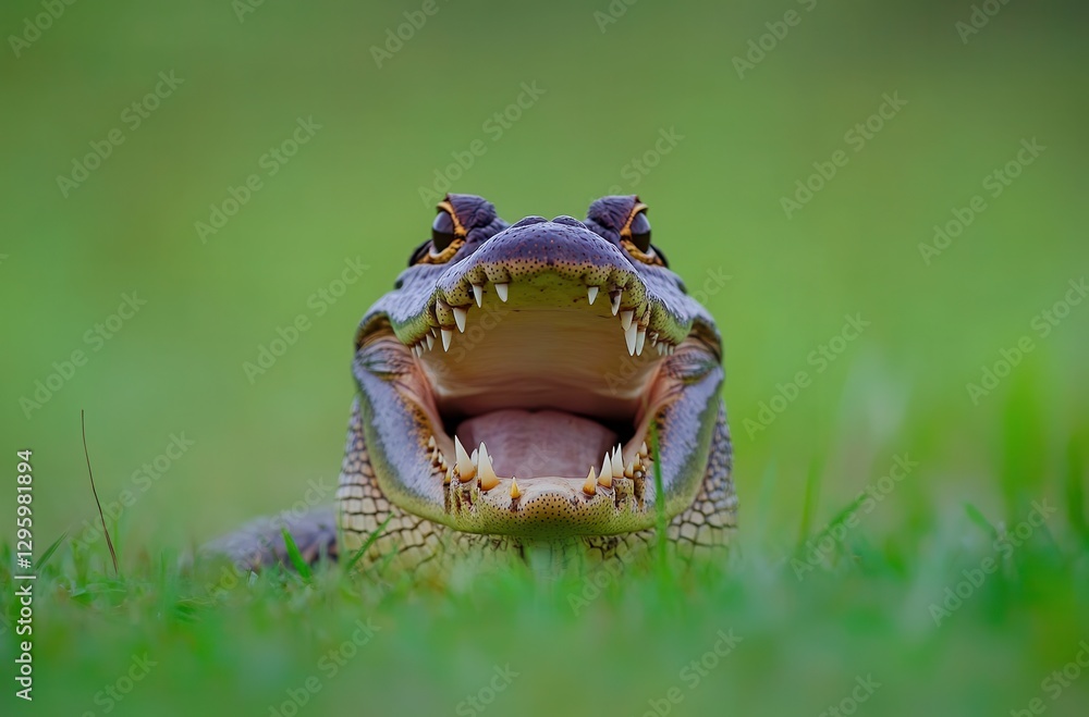 Obraz premium Close-Up View of a Smiling Crocodile with Sharp Teeth Displayed in a Natural Green Environment During a Sunny Day