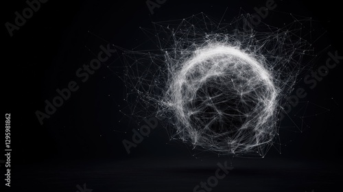 A black and white image of a sphere with a lot of lines and dots surrounding it