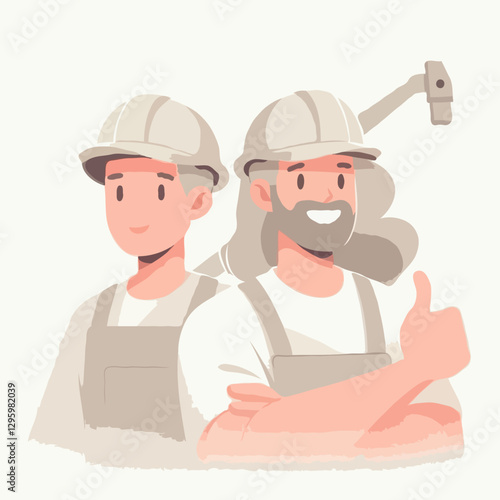 Two friendly construction workers in hard hats giving a thumbs-up