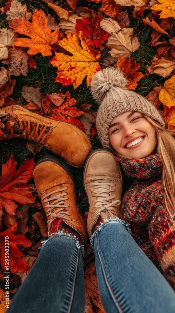 Fototapeta premium Woman relaxing on autumn leaves, enjoying nature, view from above. Possible use stock photo for fall theme