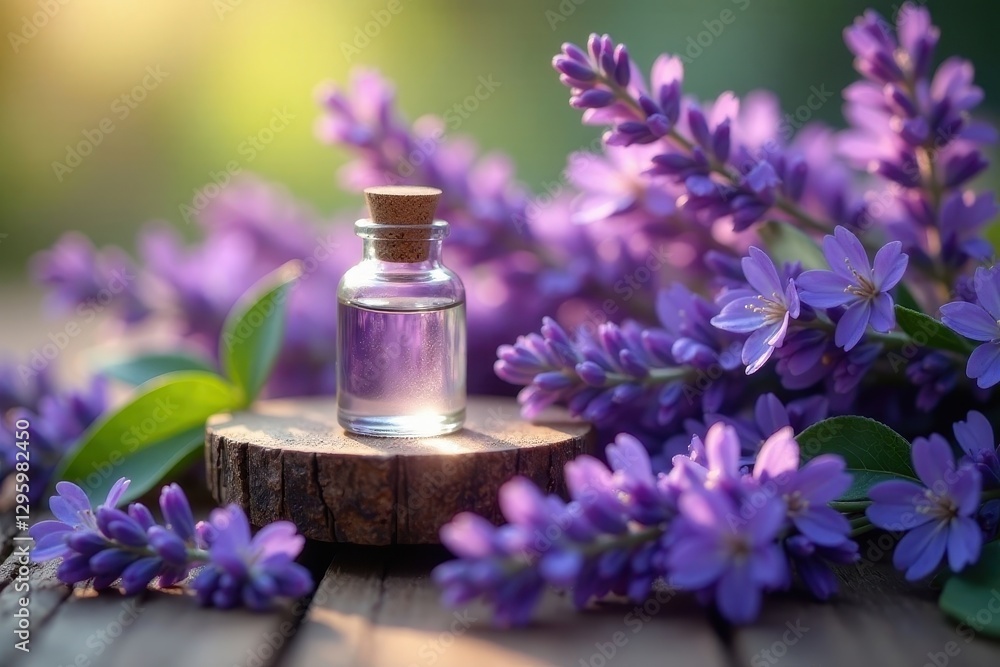 A small glass bottle of fragrant lavender essential oil rests on a rustic wooden surface, surrounded by a profusion of vibrant purple lavender blossoms bathed in soft sunlight. A small glass bottle of fragrant lavender essential oil rests on a rustic wooden surface, surrounded by a profusion of vibrant purple lavender blossoms bathed in soft sunlight.