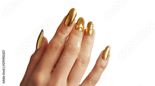 Woman hand showing golden nail polish on transparent background photo