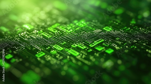 Close-up of a vibrant green circuit board with intricate patterns and glowing elements, representing technology and innovation.