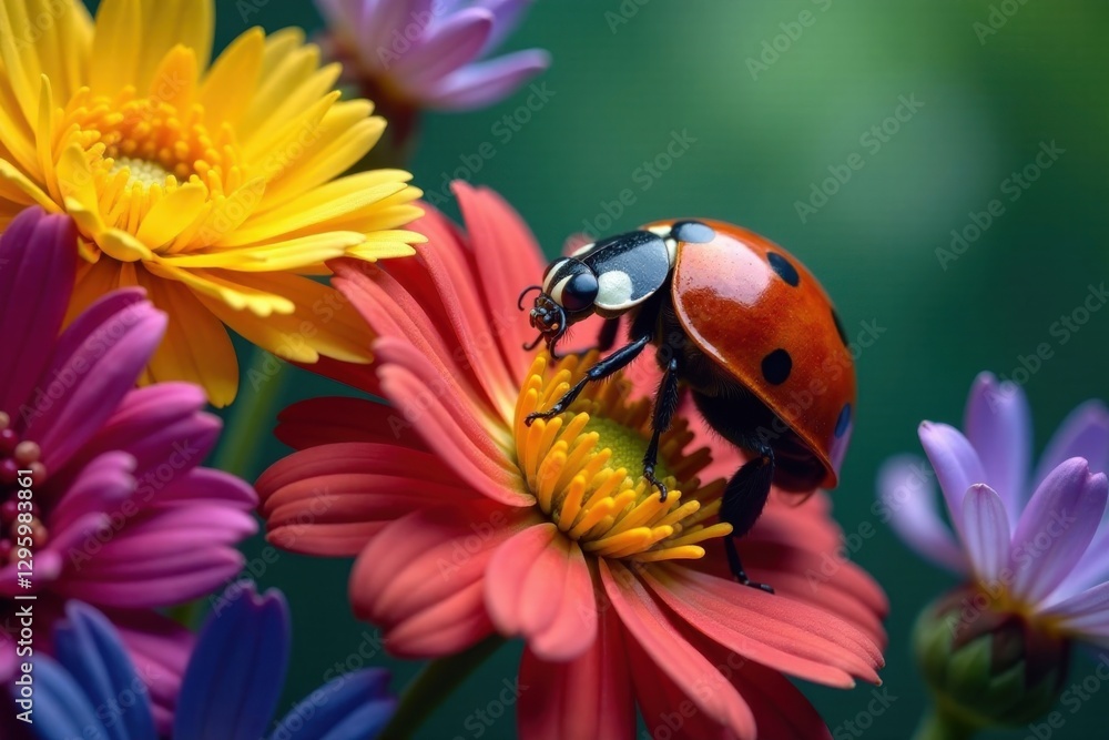 Ladybug snuggled in a bouquet of colorful flowers, garden, insect, flowers Ladybug snuggled in a bouquet of colorful flowers, garden, insect, flowers
