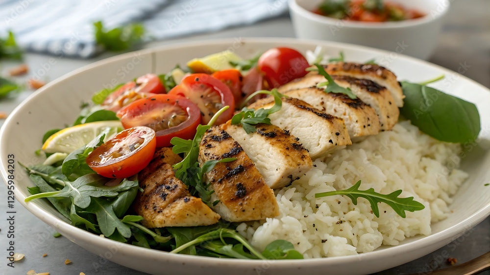 Grilled Chicken with Fluffy Rice, Fresh Tomatoes, and Vibrant Greens Grilled Chicken with Fluffy Rice, Fresh Tomatoes, and Vibrant Greens
