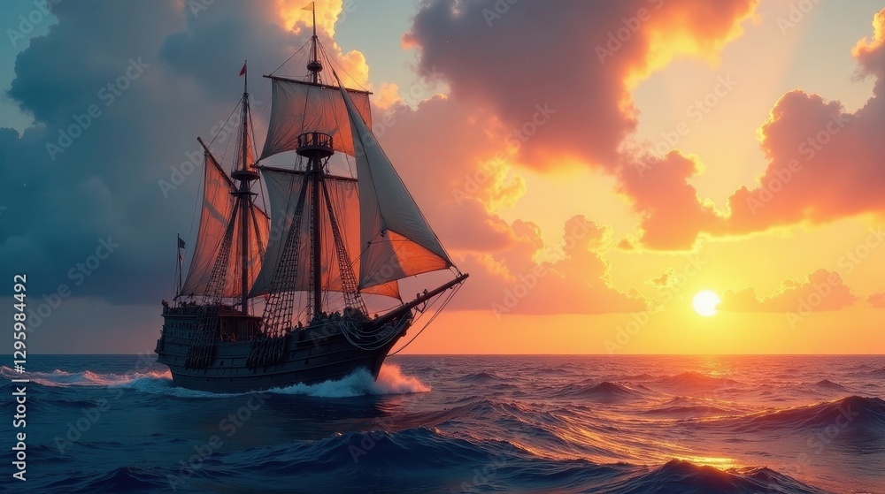 Fototapeta premium A majestic galleon sails gracefully on the ocean, its sails catching the vibrant hues of a breathtaking sunset, a timeless image of adventure and exploration.
