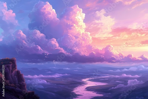 cotton-candy pink clouds drifting across a dreamy twilight sky, soft purples blending into the horizon, radiating a fluffy, serene calm with a touch of fantasy.