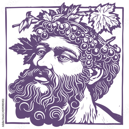 Vector illustration of Bacchus, the god of wine. Grapevine wreath and beard. Great for wine labels, vineyards, or classical mythology themes.