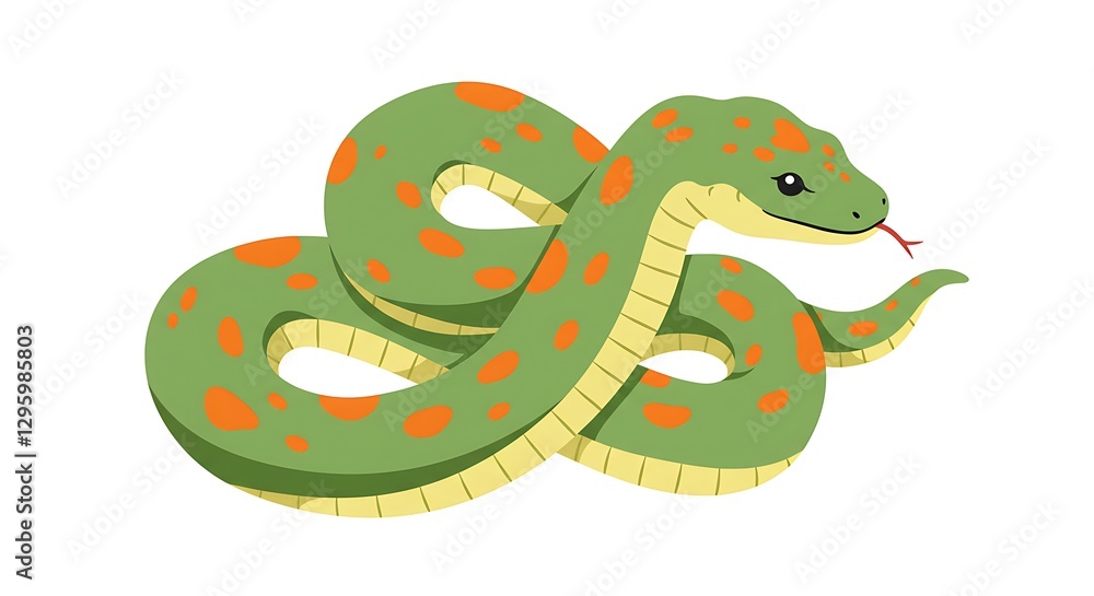 Naklejka premium Adorable cartoon green snake with orange spots playfully coiled on a white background Perfect for children's books illustrations or playful designs