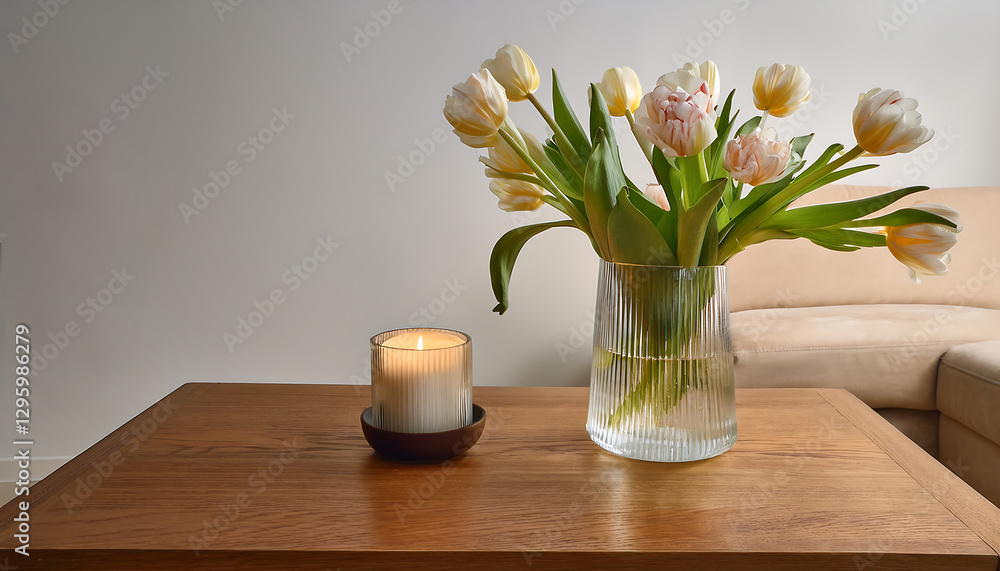 Elegant Tulip Arrangement in a Glass Vase with a Modern Candle Elegant Tulip Arrangement in a Glass Vase with a Modern Candle