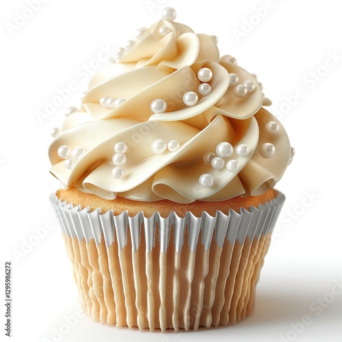 Delicious vanilla cupcake with elegant white frosting and decorative pearls.