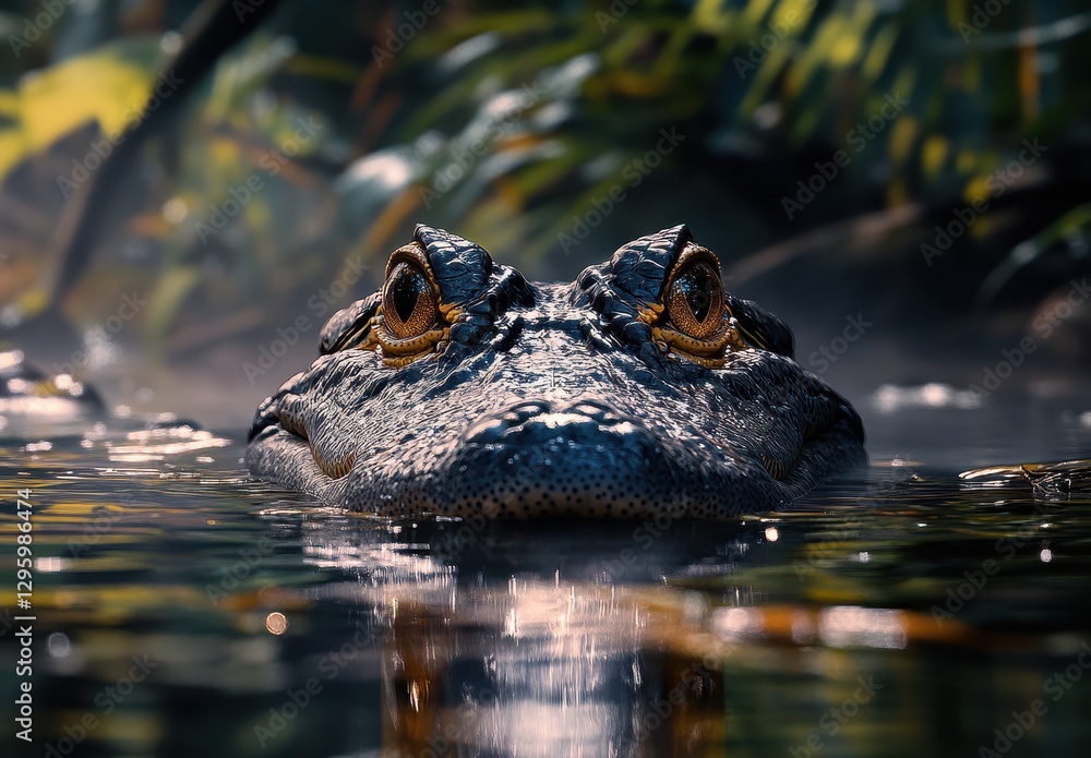 Obraz premium Close-Up View of Alligator Head Emerging from Calm Water Surrounded by Lush Greenery and Sunlit Reflections in Tropical Habitat