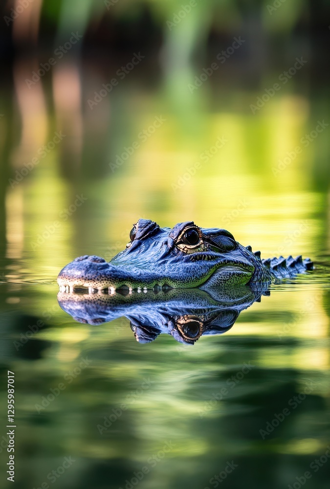 Fototapeta premium Close-Up View of Alligator Head Emerging from Calm Water with Reflections and Lush Green Background in Nature Setting