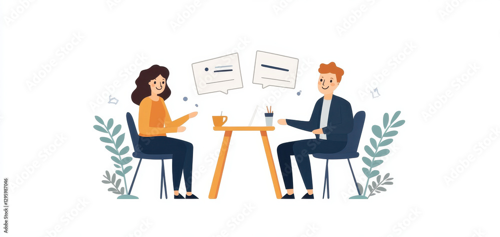 Fototapeta premium Two people engaged in collaborative discussion at table, sharing ideas and feedback. atmosphere is friendly and productive, with plants in background