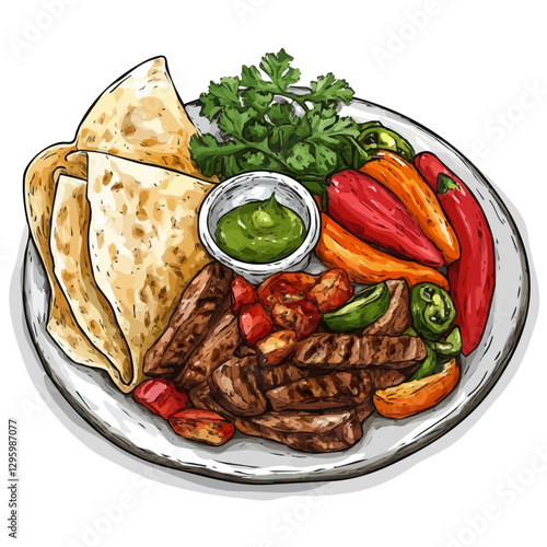 Fajita platter minimalist 2D vector graphic illustration sketch on a white background.

