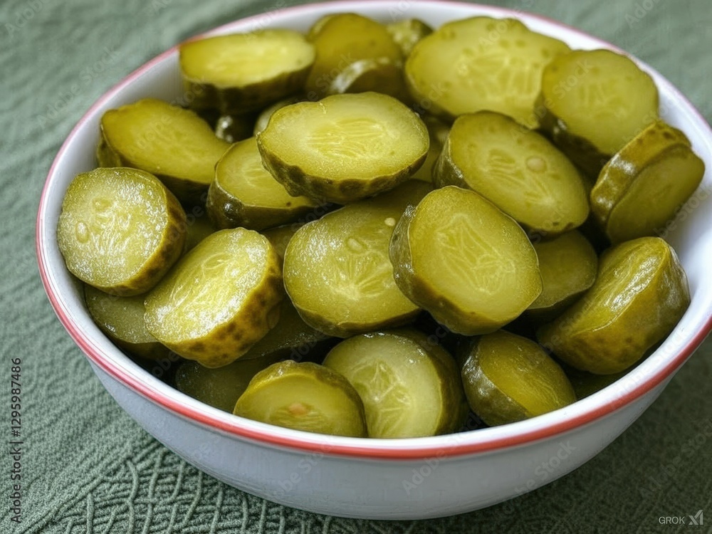 Fresh sliced pickles in white bowl on green tablecloth close-up National Kidney Month Fresh sliced pickles in white bowl on green tablecloth close-up National Kidney Month