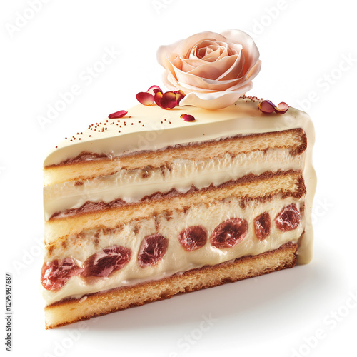 Delicious slice of cake topped with a delicate rose, showcasing layers of creamy filling and cherries.