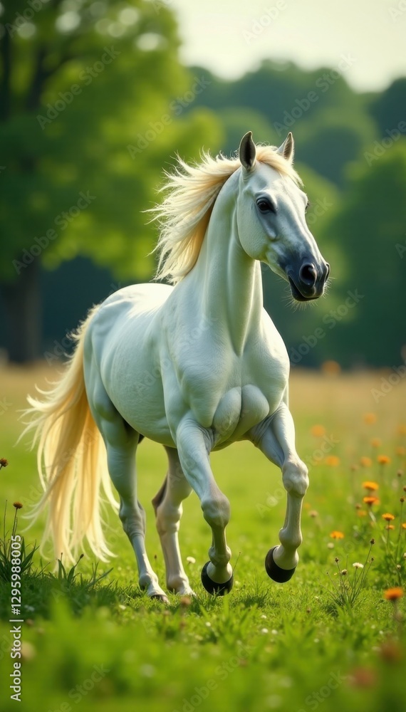 Obraz premium Majestic white stallion prancing in lush meadow, mane and tail flowing freely , white unicorn, horse, landscape
