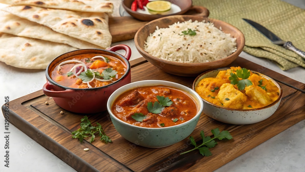 Variety of Indian Dishes on Wooden Surface with Space for Text Variety of Indian Dishes on Wooden Surface with Space for Text
