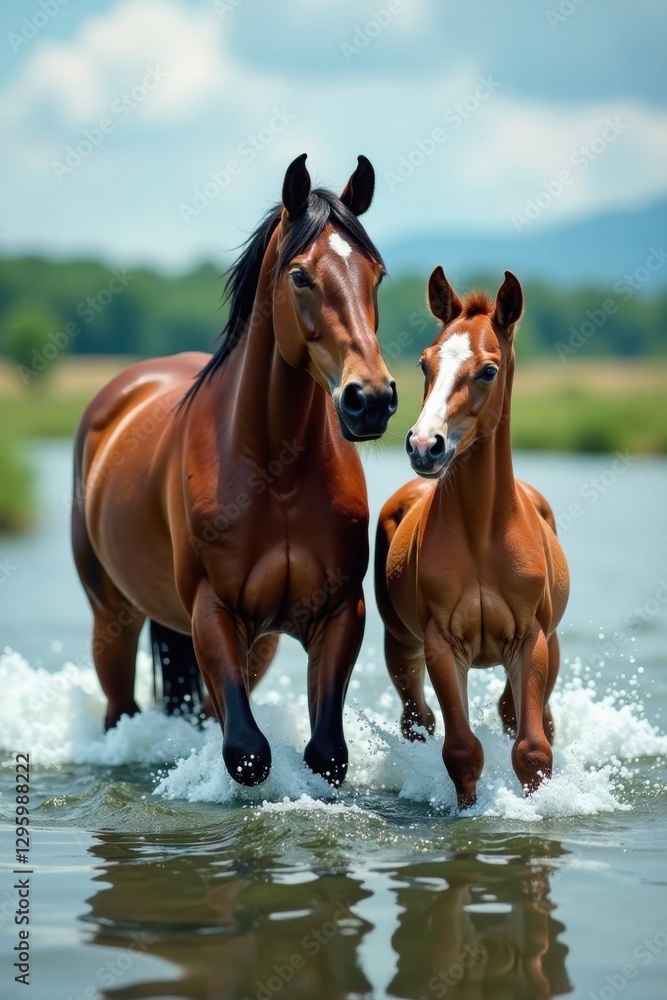 Fototapeta premium Mare and foal playing in water, splash, fun, playful