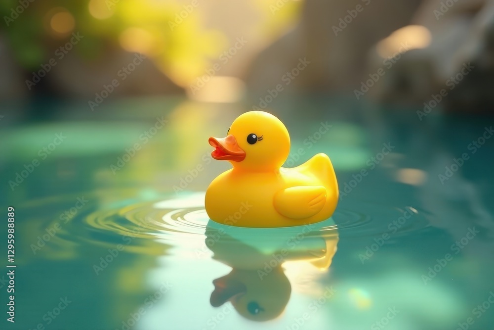 A cheerful yellow rubber duck afloat on tranquil teal water, bathed in soft sunlight, creating a serene and playful scene A cheerful yellow rubber duck afloat on tranquil teal water, bathed in soft sunlight, creating a serene and playful scene
