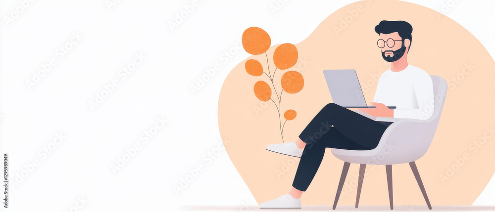 Man sitting on chair using laptop, surrounded by abstract shapes and plants, representing digital transformation and modern work environments Man sitting on chair using laptop, surrounded by abstract shapes and plants, representing digital transformation and modern work environments