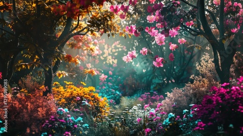 Fototapeta Naklejka Na Ścianę i Meble -  A surreal garden where flowers grow upside down, and trees have glowing leaves.