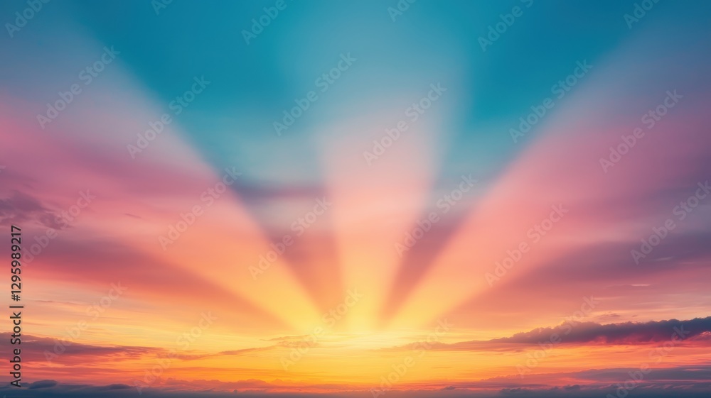 Obraz premium A stunning sunset displays vibrant colors with radiant beams spreading across the sky, creating a serene and picturesque scene.