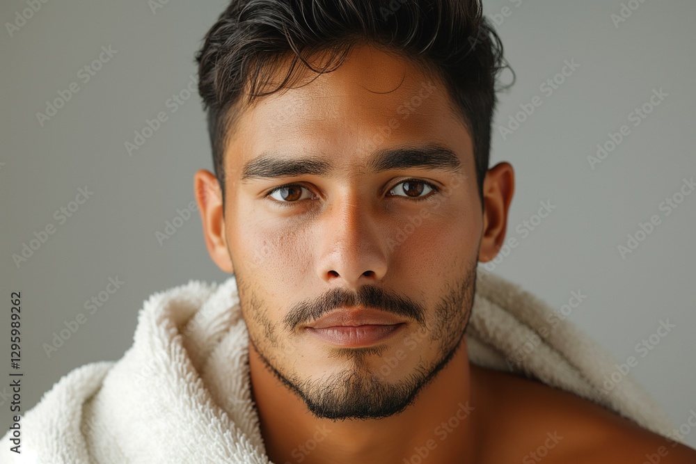 Close-up of a young Hispanic man with a towel draped over his shoulders, exuding confidence and calmness. Close-up of a young Hispanic man with a towel draped over his shoulders, exuding confidence and calmness.
