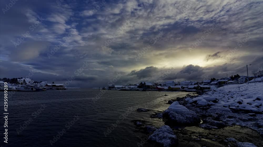Cloudy Winter Day. Arctic fishing village. Lofoten Islands, Northern Norway. Time Lapse. Cloudy Winter Day. Arctic fishing village. Lofoten Islands, Northern Norway. Time Lapse.
