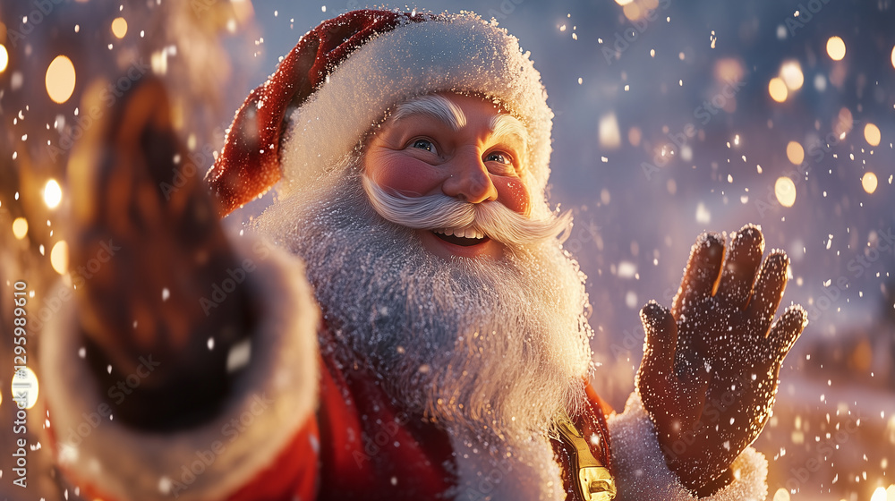 Santa Claus waving amid falling snow and bokeh holiday lights in a winter wonderland Santa Claus waving amid falling snow and bokeh holiday lights in a winter wonderland