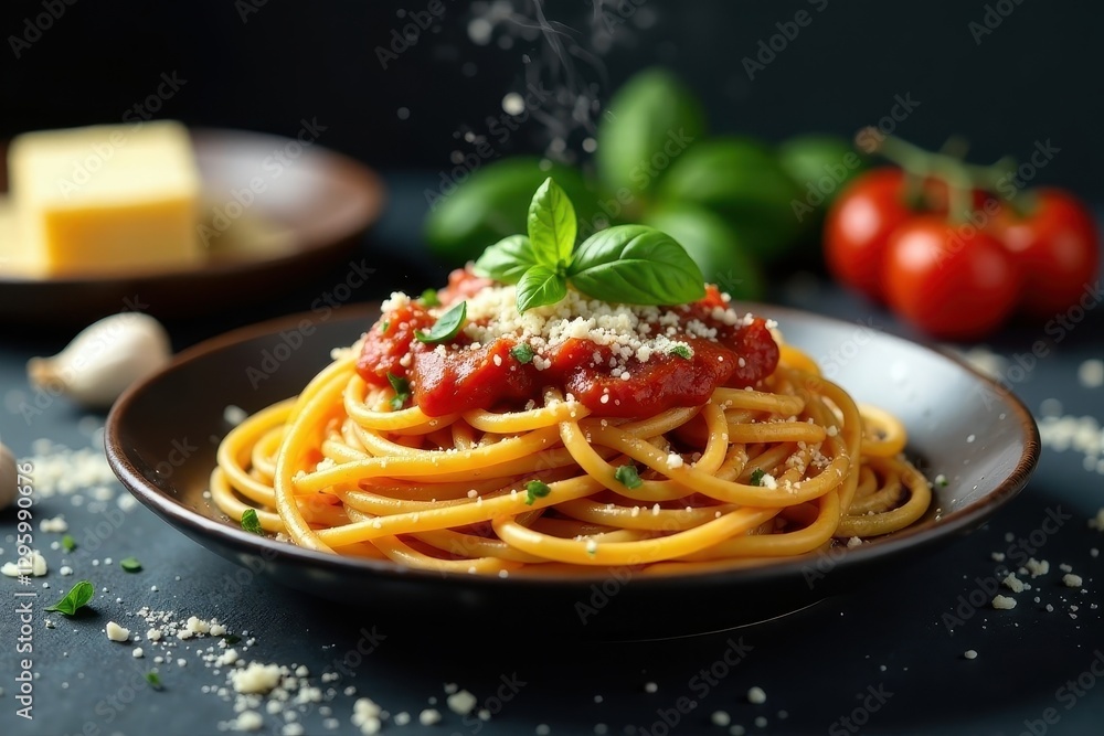 Fototapeta premium Aromatic pasta dish, topped with a vibrant tomato sauce, freshly grated cheese, and fragrant basil leaves, a culinary delight