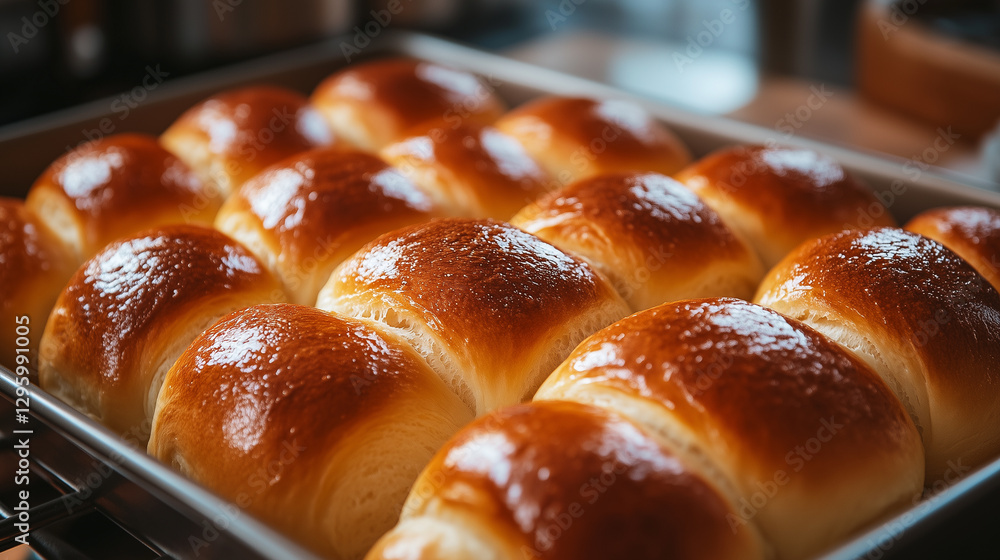 Tray of freshly baked brioche rolls with a golden glossy crust in a baking dish Tray of freshly baked brioche rolls with a golden glossy crust in a baking dish